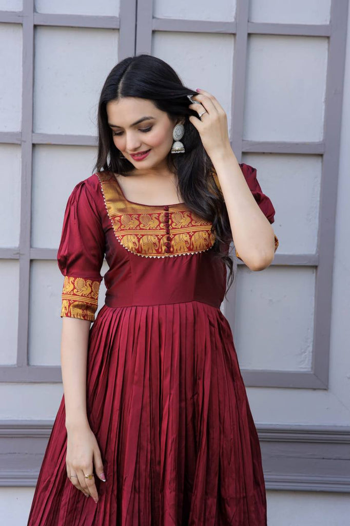 Lowest Price | Maroon Banarasi Silk Indian Gown and Maroon Banarasi Silk  Designer Gown Online Shopping